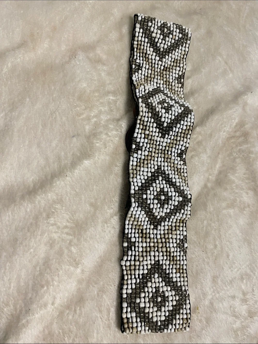 Vintage Boho Glass Beaded Stretch Belt w Hand Carved Wooden Clasp